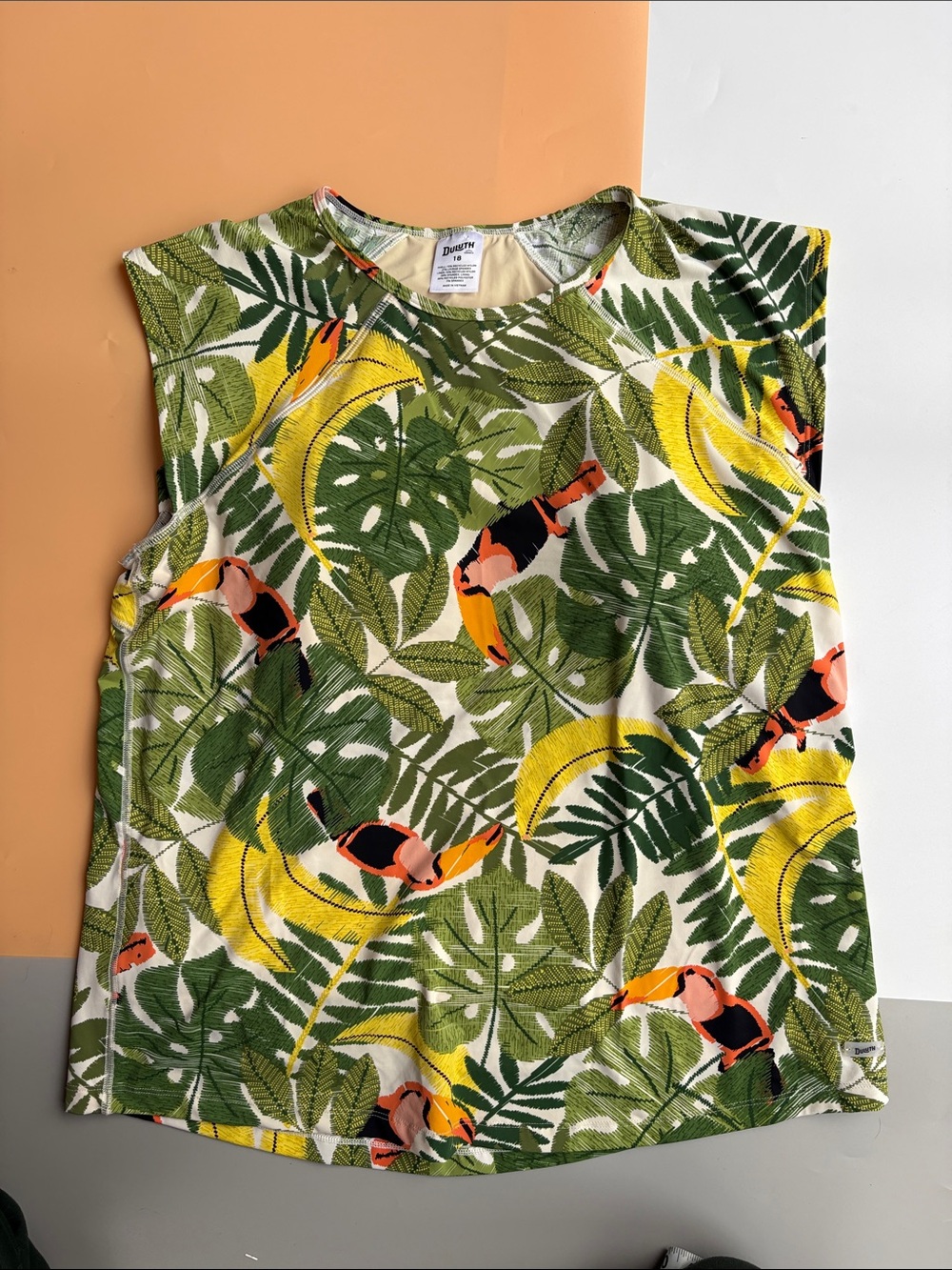 Duluth Trading Co Tropical Toucan Tank - Green/Yellow/Orange